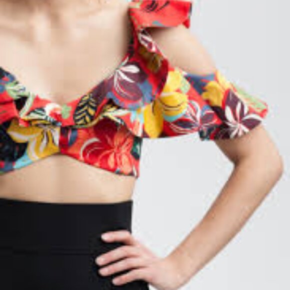 Women Alexis Camille Red Multicolor Floral Cold Shoulder Calypso Crop Top S - Picture 3 of 11